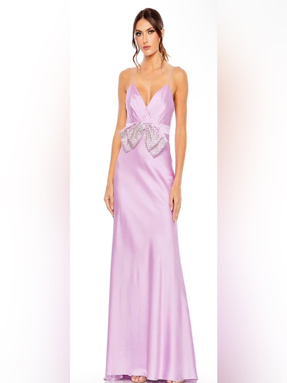 Mac Duggal Lilac Satin Maxi Gown with Crystal-Embellished Waist Bow